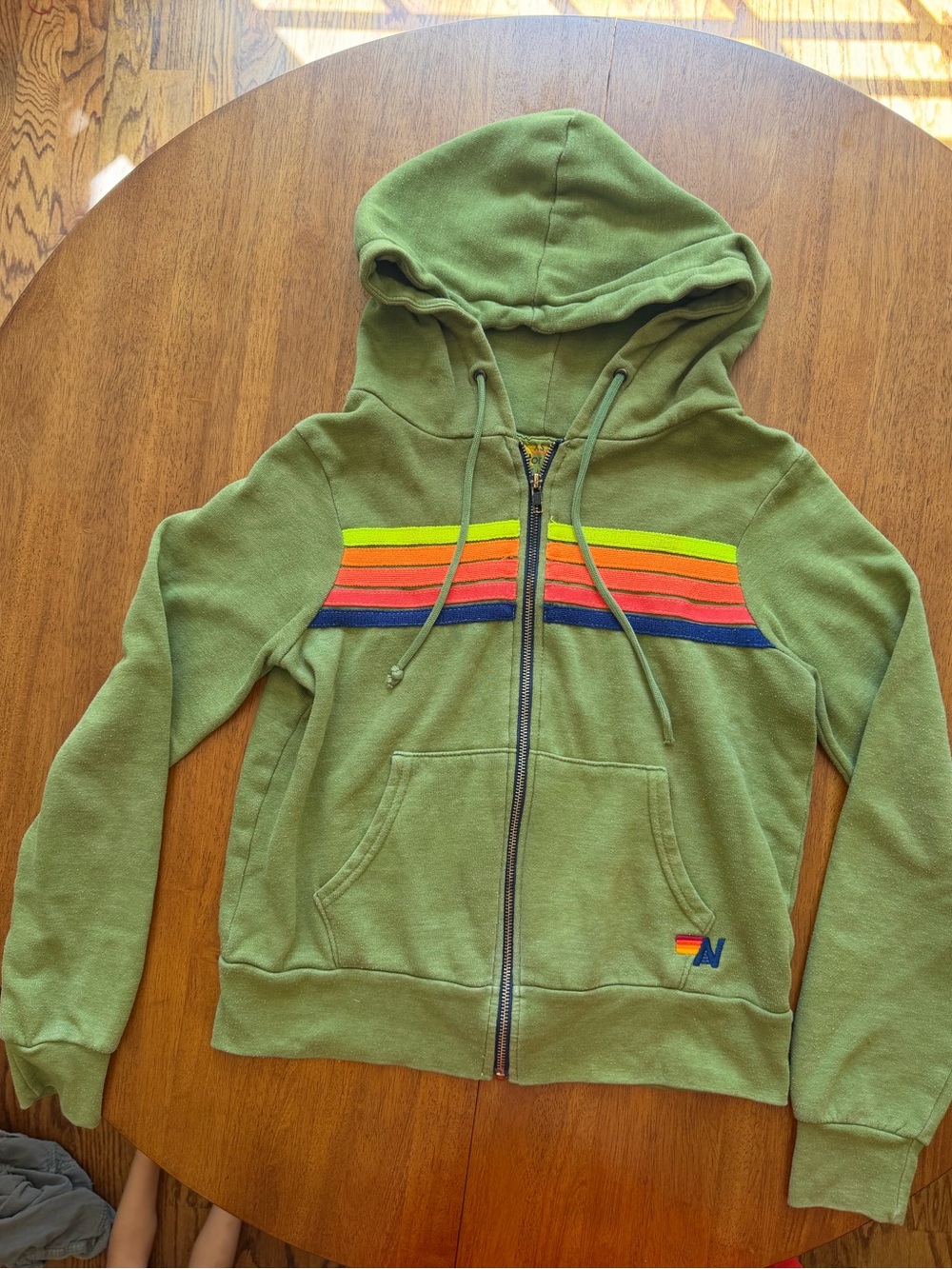 Aviator Nation Olive Zip Hoodie with Rainbow Chest Stripes